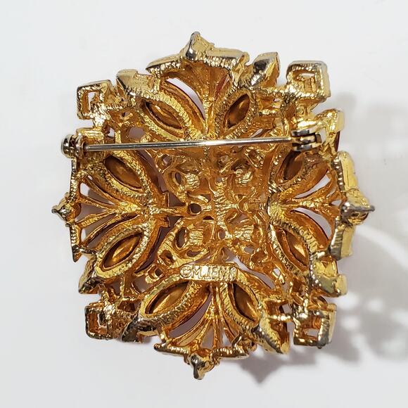 Vintage M Jent Pink Rhinestone Gold Tone Brooch Pin - Picture 4 of 5